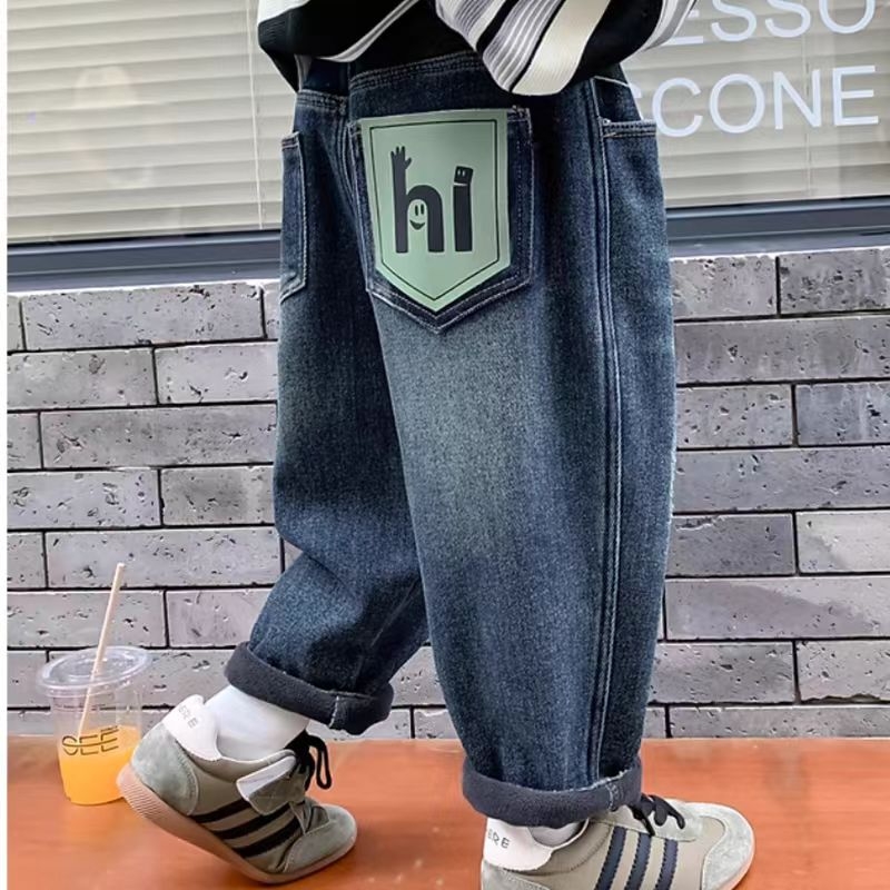 Dječje traperice za dječake, denim, korejski stil casual, s fleecem iznutra, zima 2024, srednji pojas, elastična guma u struku