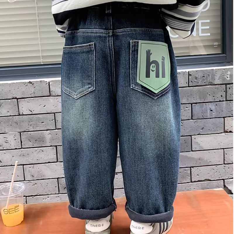 Dječje traperice za dječake, denim, korejski stil casual, s fleecem iznutra, zima 2024, srednji pojas, elastična guma u struku