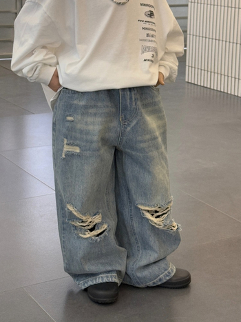 Laste denimpüksid Korea stiilis, laia säärega, keskmine talje, 90% puuvill