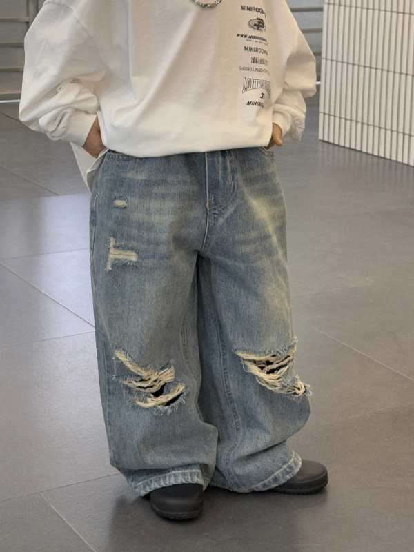 Laste denimpüksid Korea stiilis, laia säärega, keskmine talje, 90% puuvill