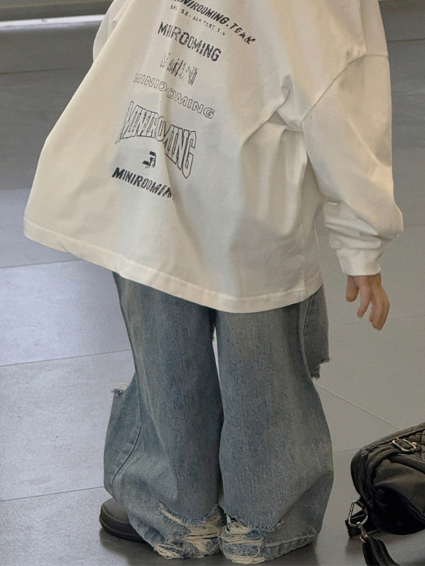 Laste denimpüksid Korea stiilis, laia säärega, keskmine talje, 90% puuvill