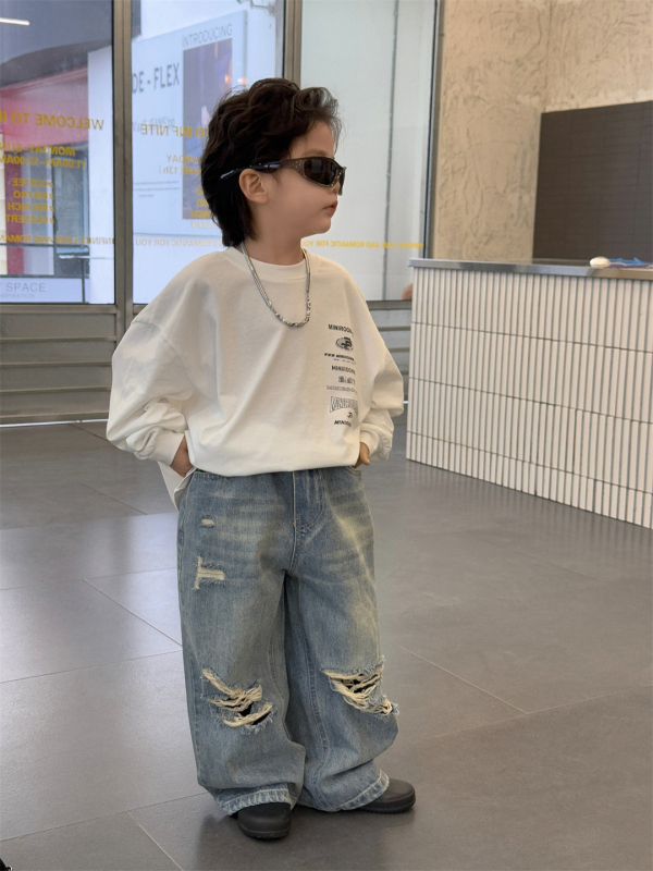 Laste denimpüksid Korea stiilis, laia säärega, keskmine talje, 90% puuvill