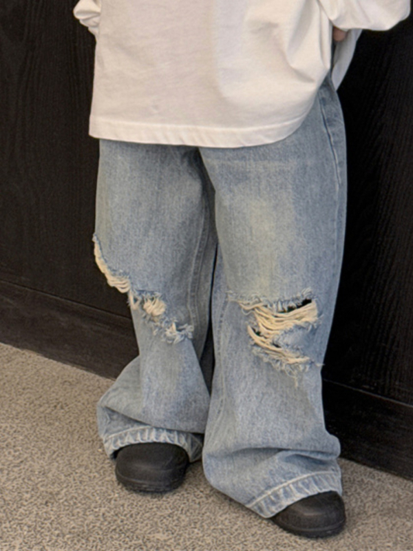 Laste denimpüksid Korea stiilis, laia säärega, keskmine talje, 90% puuvill