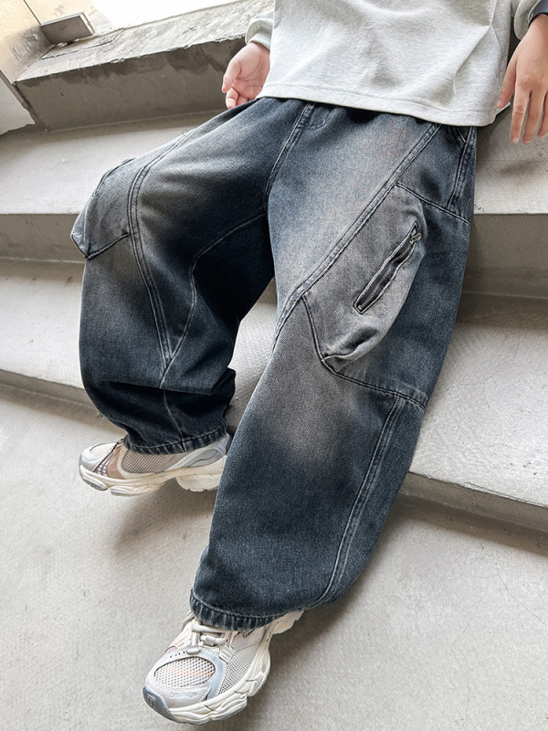Дънки за момчета, деним, корейски стил, средно повдигнат талия, еластичен колан, 68% памук, 32% полиестер, есен 2025