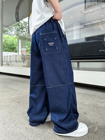 Pantaloni de denim pentru copii – Tencel denim, 100% viscose, talie medie, imprimeu cu litere, Vara 2025