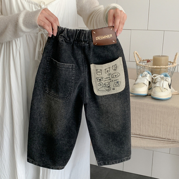 Детски дънкови джинси с подплата от флийс, еластични и меки, дебела материя, талия с ластик, подходящи за есенно-зимния сезон