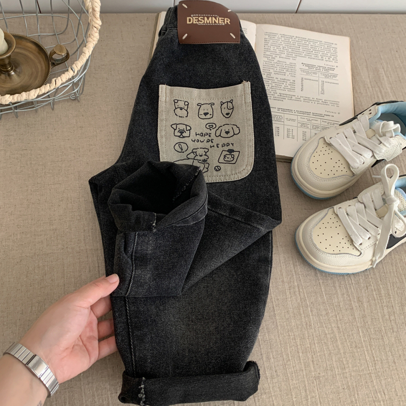 Детски дънкови джинси с подплата от флийс, еластични и меки, дебела материя, талия с ластик, подходящи за есенно-зимния сезон