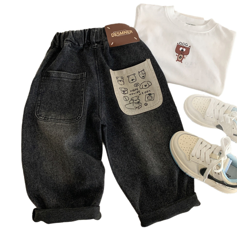 Детски дънкови джинси с подплата от флийс, еластични и меки, дебела материя, талия с ластик, подходящи за есенно-зимния сезон