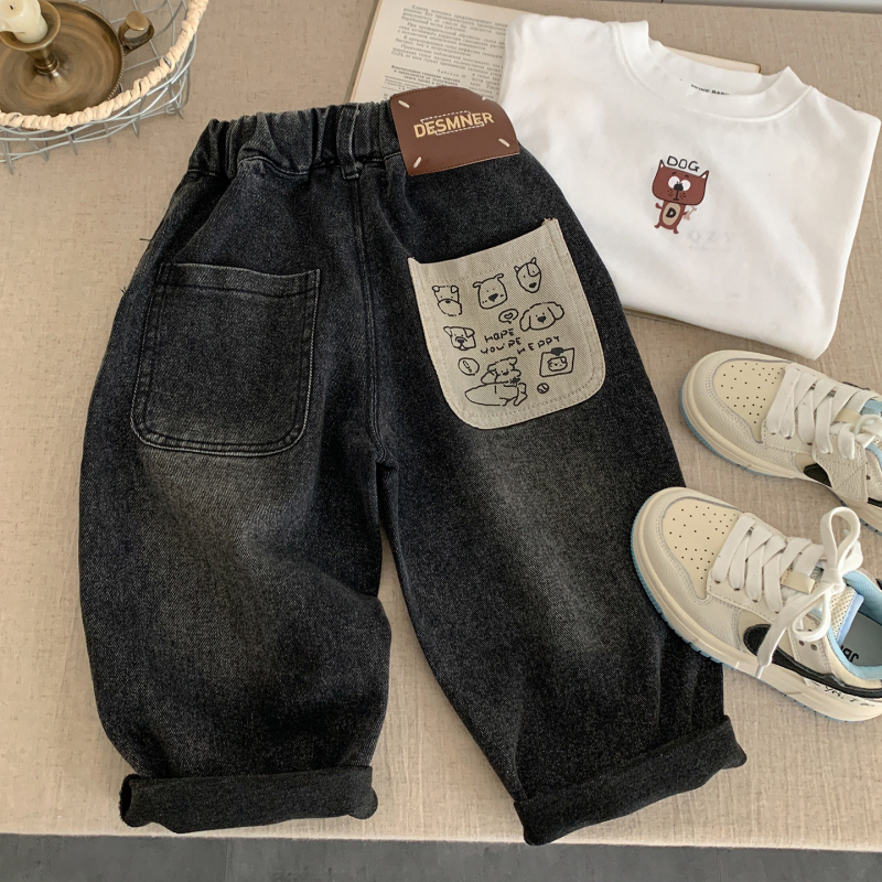 Детски дънкови джинси с подплата от флийс, еластични и меки, дебела материя, талия с ластик, подходящи за есенно-зимния сезон