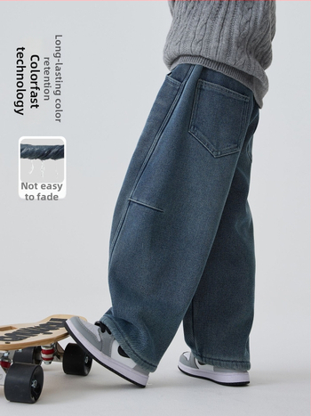 Zēnu džinsi no denima ar flisa oderi, bieza ziema, viduklis — vidējā līmenī ar elastīgu jostu, korejiešu stils