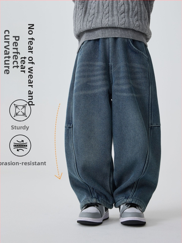 Zēnu džinsi no denima ar flisa oderi, bieza ziema, viduklis — vidējā līmenī ar elastīgu jostu, korejiešu stils