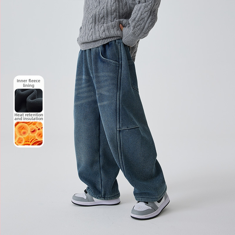 Zēnu džinsi no denima ar flisa oderi, bieza ziema, viduklis — vidējā līmenī ar elastīgu jostu, korejiešu stils