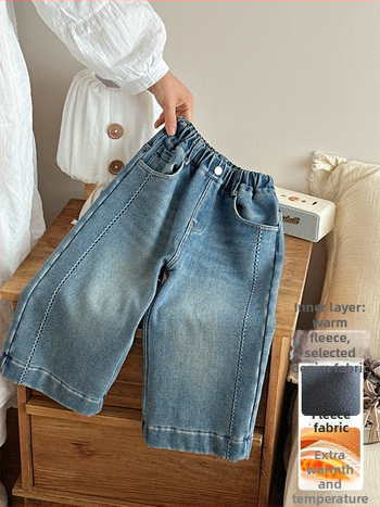 Meitenēm džinsi ar flīsa oderi, korejiešu stilā, 60% kokvilna, karikatūras raksts