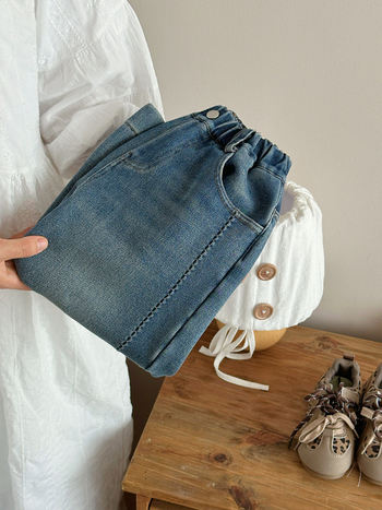 Meitenēm džinsi ar flīsa oderi, korejiešu stilā, 60% kokvilna, karikatūras raksts