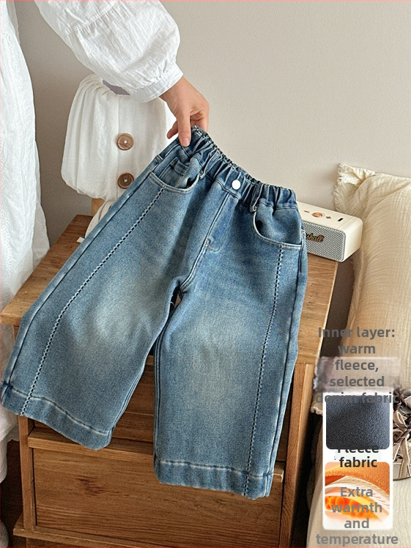 Meitenēm džinsi ar flīsa oderi, korejiešu stilā, 60% kokvilna, karikatūras raksts