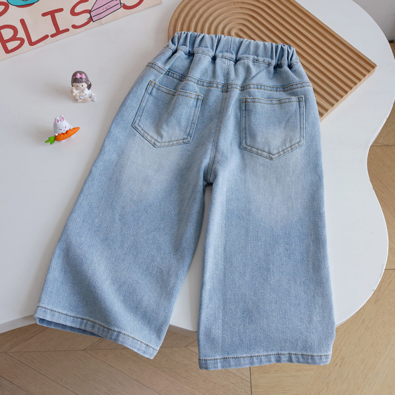 Koreai stílusú gyerek nadrág, széles szárú, kutyás hímzéssel, középmagas derékkal, pamutkeverék anyag