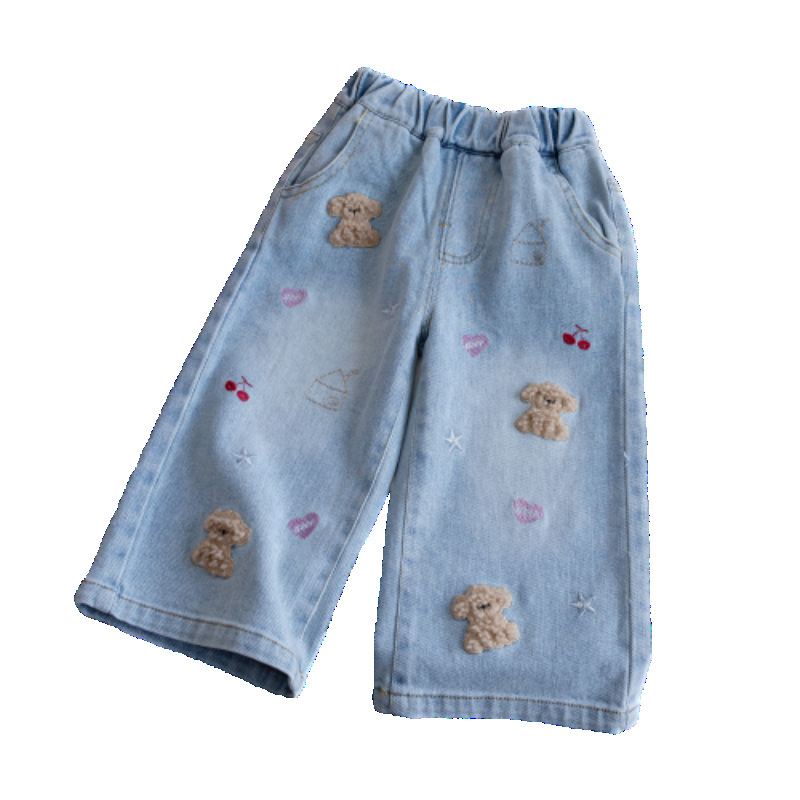 Koreai stílusú gyerek nadrág, széles szárú, kutyás hímzéssel, középmagas derékkal, pamutkeverék anyag