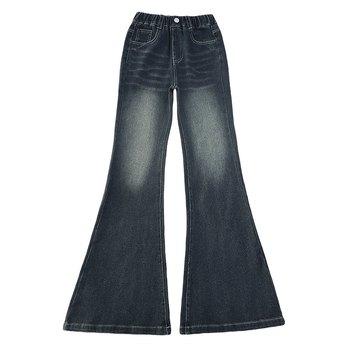 Jeansi pentru fete, stil coreean, buzunare spate cu stele, croială flare, bumbac 80%, talie elastică