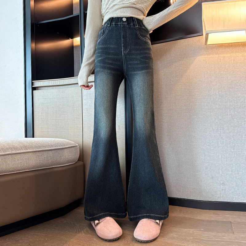 Jeansi pentru fete, stil coreean, buzunare spate cu stele, croială flare, bumbac 80%, talie elastică