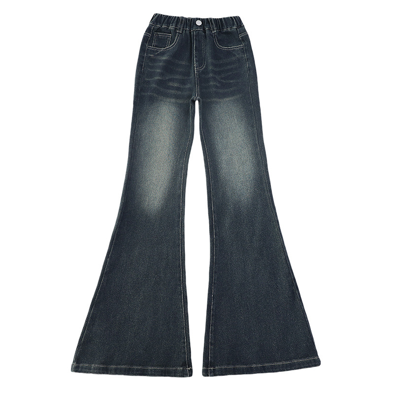 Jeansi pentru fete, stil coreean, buzunare spate cu stele, croială flare, bumbac 80%, talie elastică