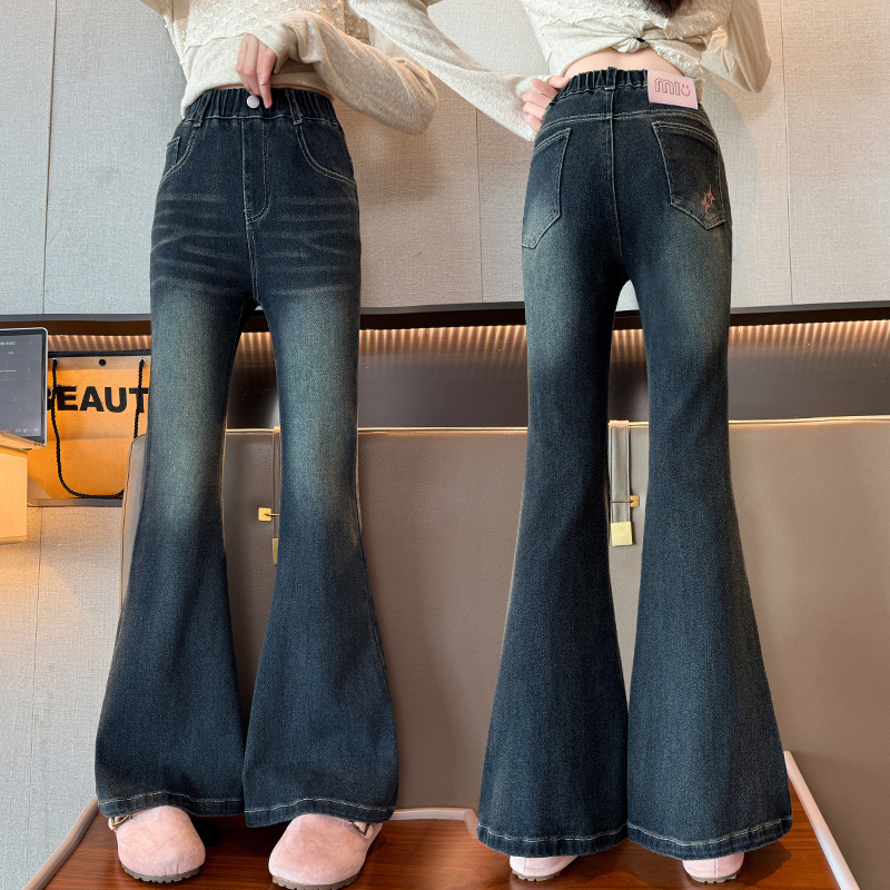 Jeansi pentru fete, stil coreean, buzunare spate cu stele, croială flare, bumbac 80%, talie elastică