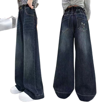 Деним панталони с широк крак, подплатени с флис, талия средна с еластичен колан, дълги до пода, дебел плат, модел на райета и каре