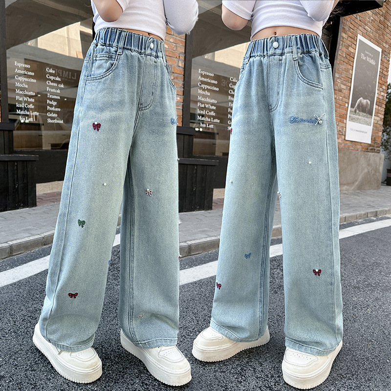 Pantaloni pentru fete, denim, stil coreean, croială largă, talie medie, 62% bumbac