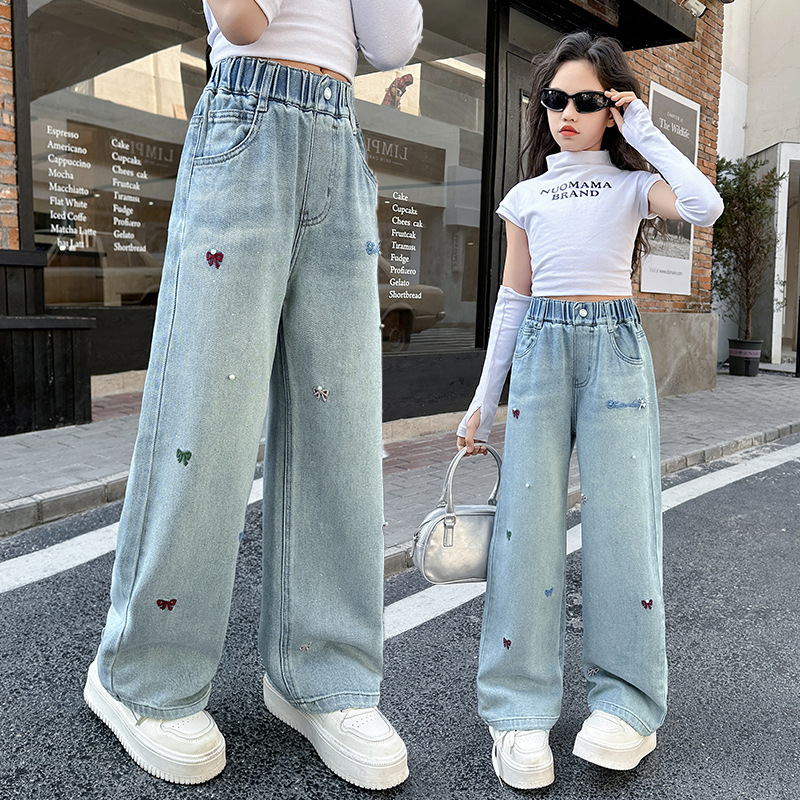 Pantaloni pentru fete, denim, stil coreean, croială largă, talie medie, 62% bumbac