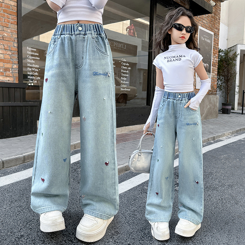 Pantaloni pentru fete, denim, stil coreean, croială largă, talie medie, 62% bumbac