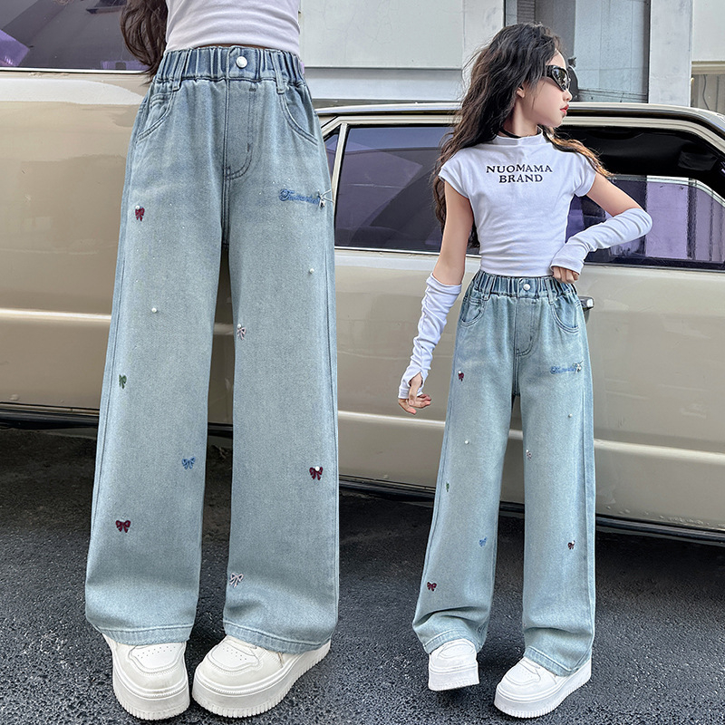 Pantaloni pentru fete, denim, stil coreean, croială largă, talie medie, 62% bumbac