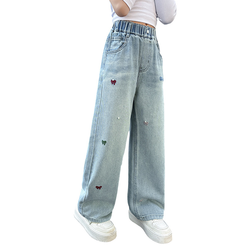 Pantaloni pentru fete, denim, stil coreean, croială largă, talie medie, 62% bumbac