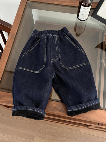 Jeans pentru copii, în stil coreean, căptușeală din fleece pentru iarnă, croială lejeră casual, bumbac 68,5%, talie elastică