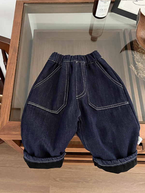 Jeans pentru copii, în stil coreean, căptușeală din fleece pentru iarnă, croială lejeră casual, bumbac 68,5%, talie elastică