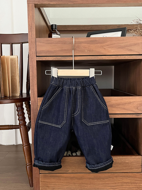 Jeans pentru copii, în stil coreean, căptușeală din fleece pentru iarnă, croială lejeră casual, bumbac 68,5%, talie elastică