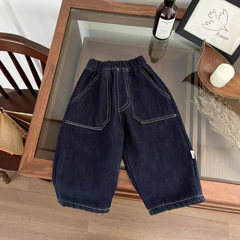 Jeans pentru copii, în stil coreean, căptușeală din fleece pentru iarnă, croială lejeră casual, bumbac 68,5%, talie elastică