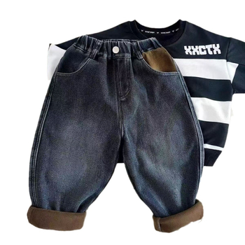 Bērnu džinsi ar flīsiem ziemai, bieza, augsts viduklis, elastīga josta, 55% kokvilna