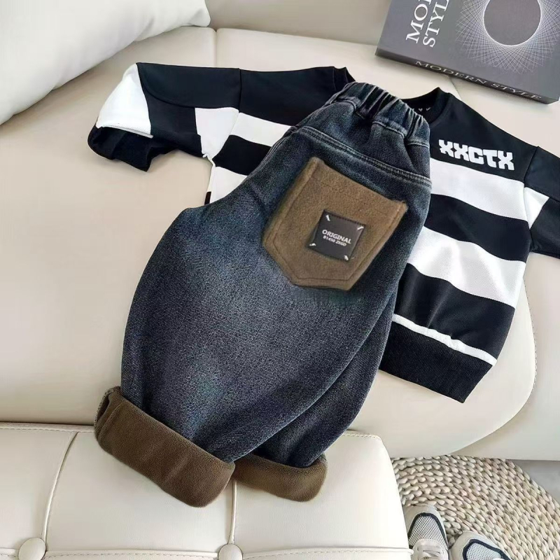 Детски дънкови панталони с флисово вътрешно лице за зима, дебели, висока талия, ластик, 55% памук