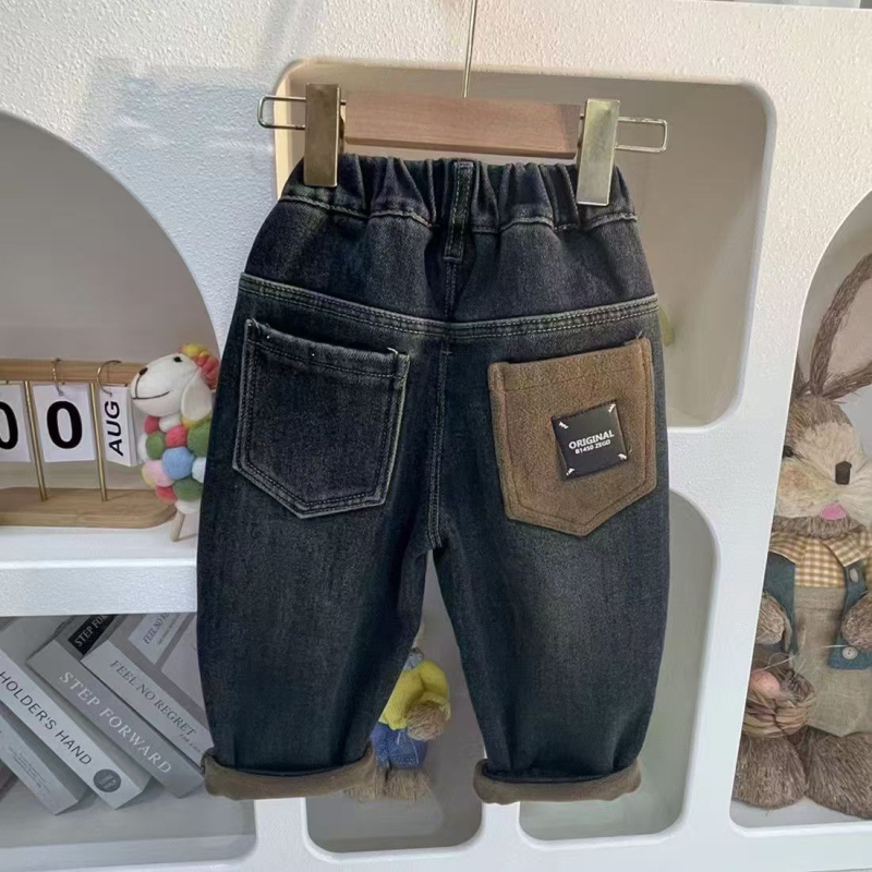 Bērnu džinsi ar flīsiem ziemai, bieza, augsts viduklis, elastīga josta, 55% kokvilna