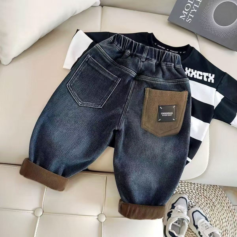 Bērnu džinsi ar flīsiem ziemai, bieza, augsts viduklis, elastīga josta, 55% kokvilna