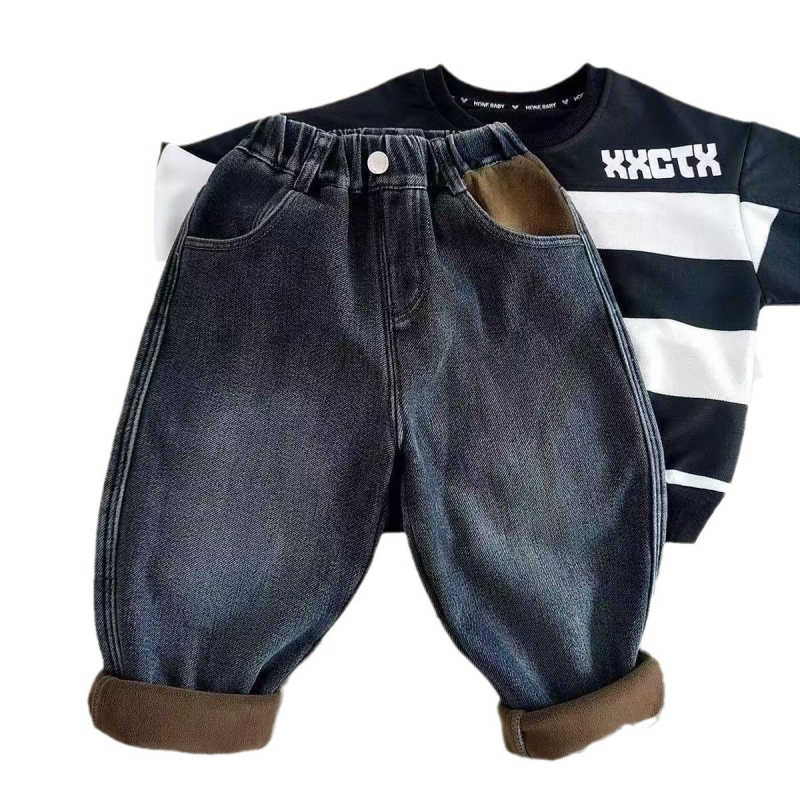 Bērnu džinsi ar flīsiem ziemai, bieza, augsts viduklis, elastīga josta, 55% kokvilna