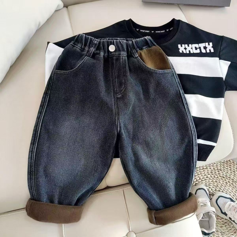 Bērnu džinsi ar flīsiem ziemai, bieza, augsts viduklis, elastīga josta, 55% kokvilna