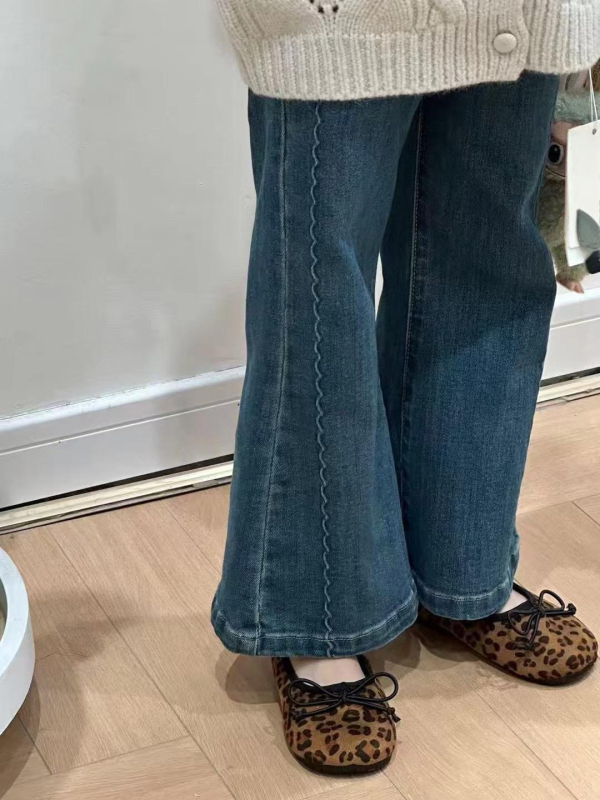 Дънкови детски панталони за момичета, разкроени крачоли, средна талия, еластичен колан, мека обработка, за възраст 3–8 години