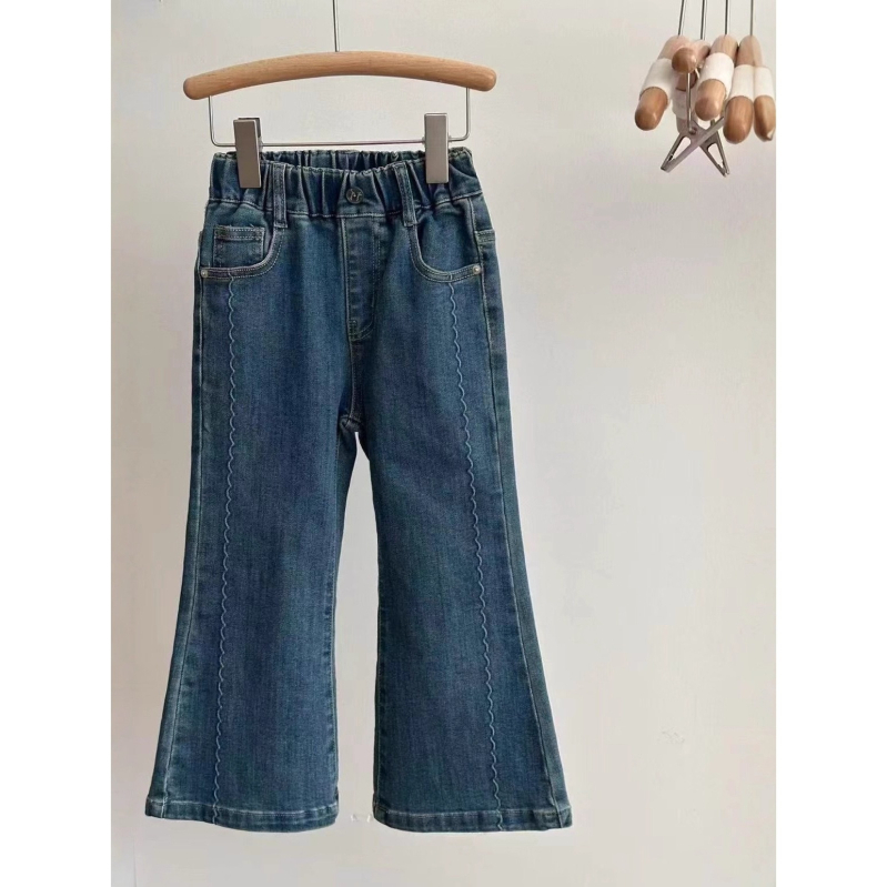 Дънкови детски панталони за момичета, разкроени крачоли, средна талия, еластичен колан, мека обработка, за възраст 3–8 години