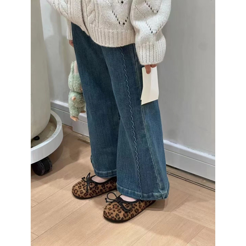 Дънкови детски панталони за момичета, разкроени крачоли, средна талия, еластичен колан, мека обработка, за възраст 3–8 години