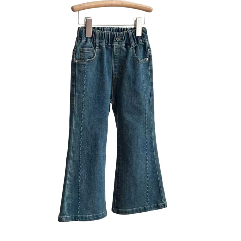 Дънкови детски панталони за момичета, разкроени крачоли, средна талия, еластичен колан, мека обработка, за възраст 3–8 години