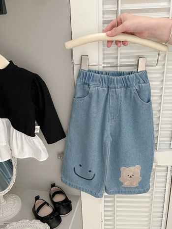 Pantaloni pentru fetițe, stil coreean, bumbac, largi, imprimeu cu animale/desene animate, talie medie, talie elastică, pentru 1–3 ani, primăvară-toamnă