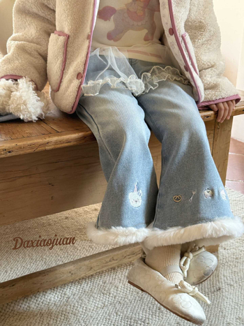 Laste džinspüksid laienenud silueti karikatuuride õmblusega, talvine veluurvooder, 86% puuvill, Korea-stiil põhieesmärk