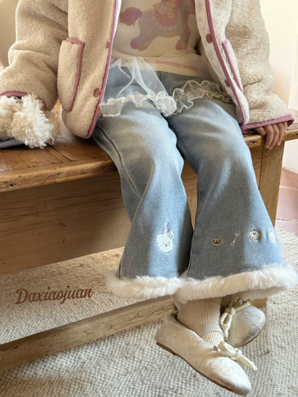 Laste džinspüksid laienenud silueti karikatuuride õmblusega, talvine veluurvooder, 86% puuvill, Korea-stiil põhieesmärk