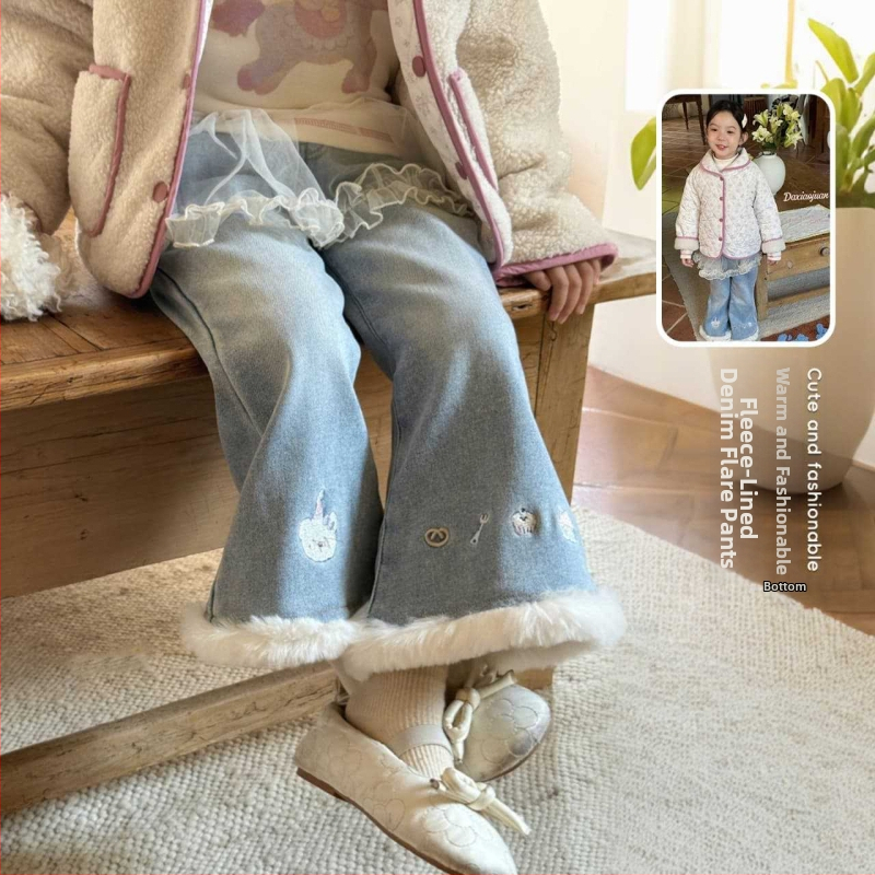 Laste džinspüksid laienenud silueti karikatuuride õmblusega, talvine veluurvooder, 86% puuvill, Korea-stiil põhieesmärk