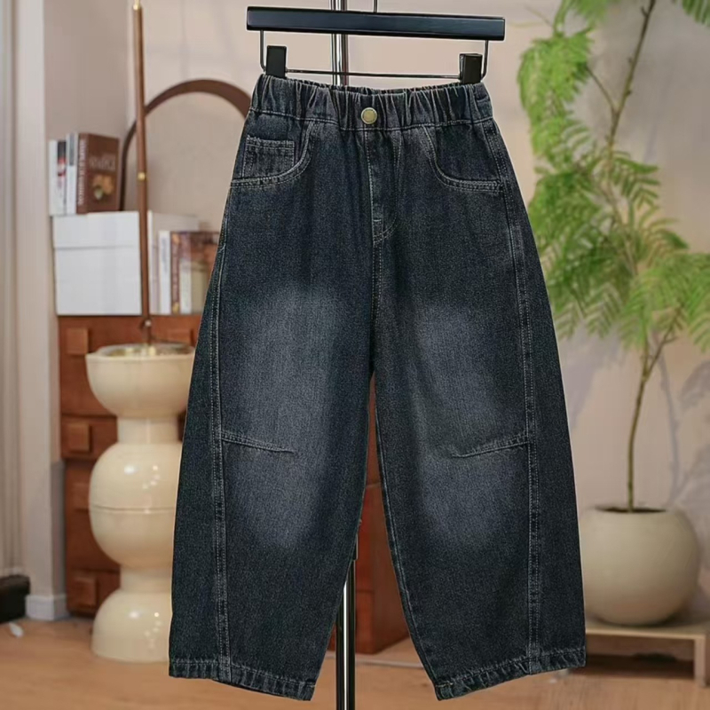 Детски дънки от деним, със средна талия и еластична лента, 53% памук, мека обработка, свободен ежедневен стил, есен 2025.